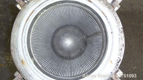 Used Mechanical Basket Filter, 3 Gallon Capacity, 316 Stainless Steel, Vertical. Approximately 8” diameter x 16" deep housing, bolt on top cover, 7-1/2” diameter x 14” deep removable basket. Rated 15...