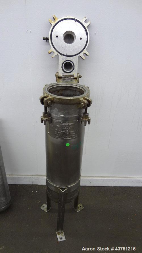 Used Mechanical Basket Filter, 7 Gallon Capacity, 316 Stainless Steel, Vertical. Approximately 8-1/2” diameter x 29" deep housing, bolt-on top cover, 7-1/2” diameter x 28” deep removable basket. Rate...