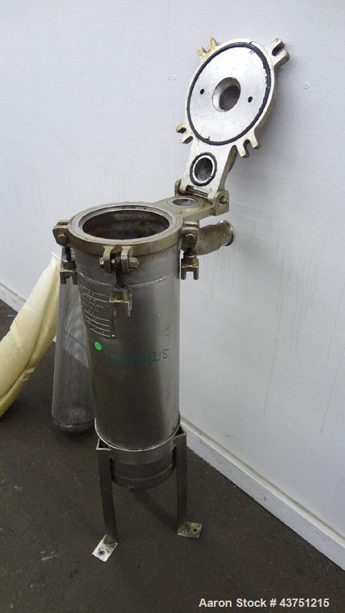 Used Mechanical Basket Filter, 7 Gallon Capacity, 316 Stainless Steel, Vertical. Approximately 8-1/2” diameter x 29" deep housing, bolt-on top cover, 7-1/2” diameter x 28” deep removable basket. Rate...