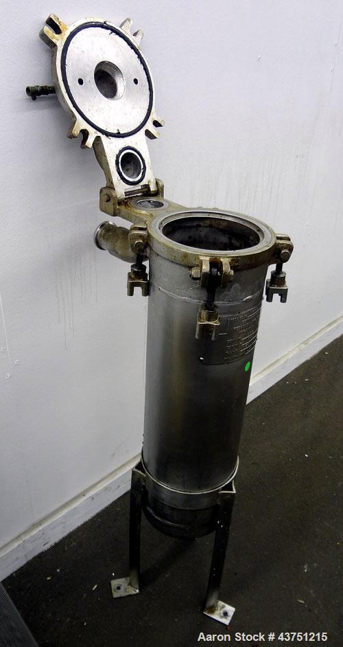 Used Mechanical Basket Filter, 7 Gallon Capacity, 316 Stainless Steel, Vertical. Approximately 8-1/2” diameter x 29" deep housing, bolt-on top cover, 7-1/2” diameter x 28” deep removable basket. Rate...