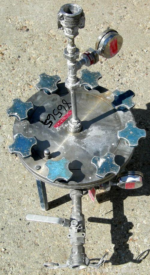 Used Millipore Sterilizing/Pancake Type Filter, 293 MM Diameter, 304 Stainless Steel. Filter area 518 cubic CM, max 125 PSI inlet, pre-filter diameter 257 MM. 1" NPT inlet/outlet. Mounted on 3 legs.