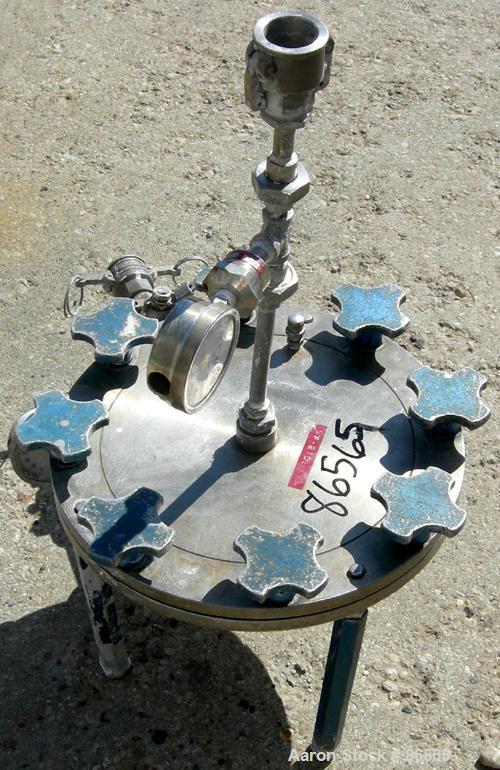 Used Millipore Sterilizing/Pancake Type Filter, 293 MM Diameter, 304 Stainless Steel. Filter area 518 cubic CM, max 125 PSI inlet, pre-filter diameter 257 MM. 1" NPT inlet/outlet. Mounted on 3 legs.