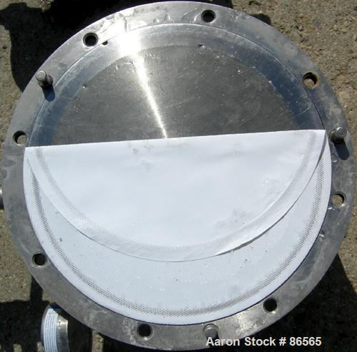 Used Millipore Sterilizing/Pancake Type Filter, 293 MM Diameter, 304 Stainless Steel. Filter area 518 cubic CM, max 125 PSI inlet, pre-filter diameter 257 MM. 1" NPT inlet/outlet. Mounted on 3 legs.