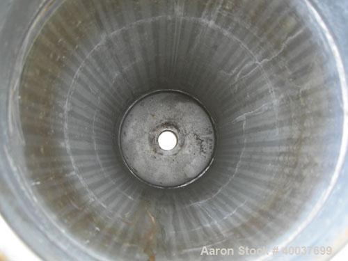 Used Basket Strainer Filter, 316 stainless steel. Jacketed chamber approximately 8" diameter x 29" deep. Flat bolt down top cover. 2" inlet/outlet. Removable basket 7" diameter x 28 1/2" deep.