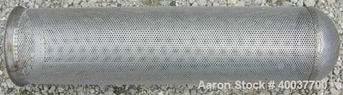Used Basket Strainer Filter, 316 stainless steel. Jacketed chamber approximately 8" diameter x 29" deep. Flat bolt down top cover. 2" inlet/outlet. Removable basket 7" diameter x 28 1/2" deep.