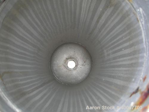 Used Basket Strainer Filter, 316 stainless steel. Jacketed chamber approximately 8" diameter x 29" deep. Flat bolt down top cover. 2" inlet/outlet. Removable basket 7" diameter x 28 1/2" deep.