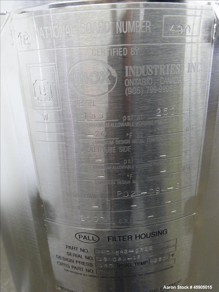 Unused- Pall Filter Housing, Part#4HD4886-2869, 316L Stainless Steel. Approximate 13-3/4" diameter x 46" straight side, dished clamp on top and bottom. Internal rated 100 psi at -20 to 250 degrees F....