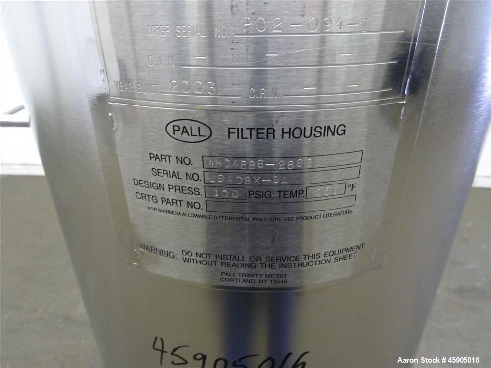 Unused- Pall Filter Housing, Part#4HD4886-2869, 316L Stainless Steel. Approximate 13-3/4" diameter x 46" straight side, dished clamp on top and bottom. Internal rated 100 psi at -20 to 250 degrees F....