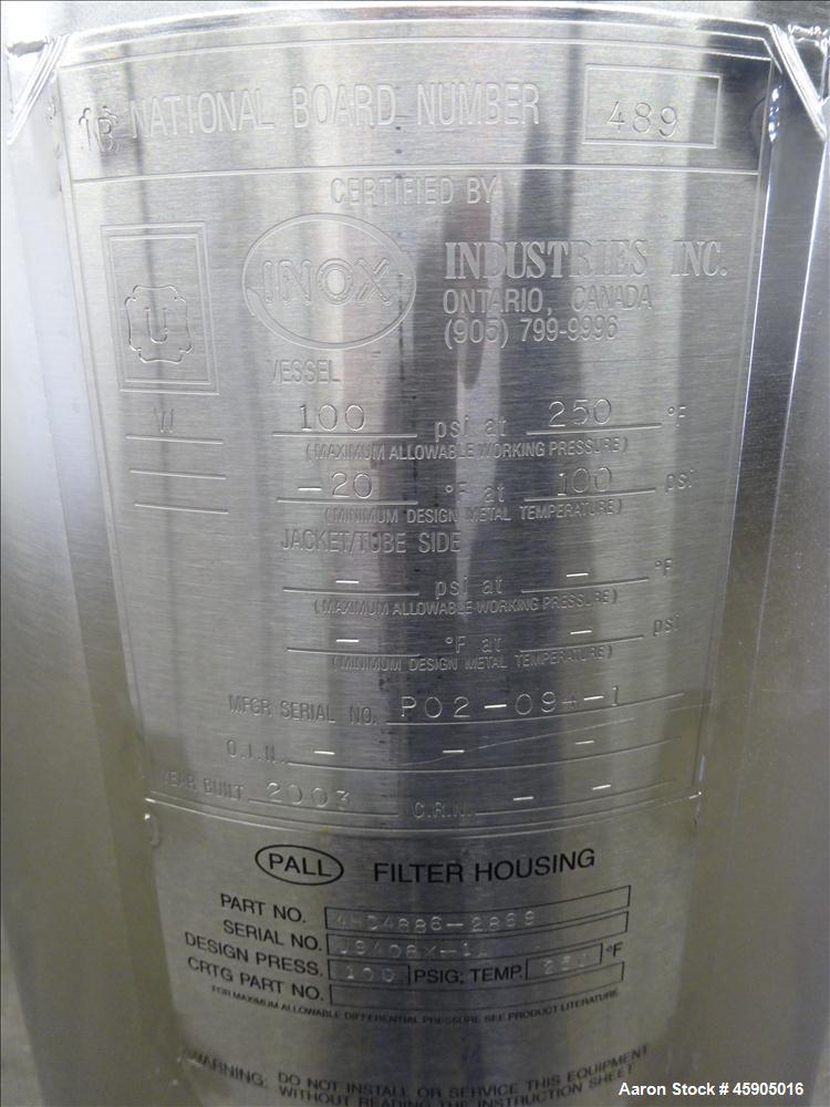 Unused- Pall Filter Housing, Part#4HD4886-2869, 316L Stainless Steel. Approximate 13-3/4" diameter x 46" straight side, dished clamp on top and bottom. Internal rated 100 psi at -20 to 250 degrees F....