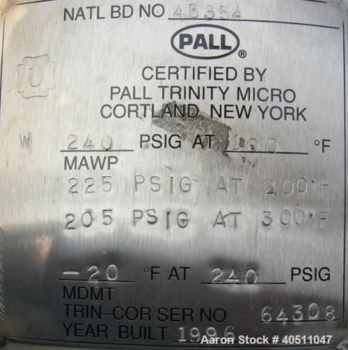 Used Pall Cartridge Filter Housing, part #P384SG29C2H2, 304 stainless steel. Approximately 18'' diameter x 60'' straight side, flat bolt on top, dished bottom. Internal rated 205 psi at 100 deg F, 22...
