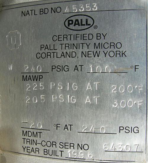Used Pall Cartridge Filter Housing, part #P384SG29C2H2, 304 stainless steel. Approximately 18'' diameter x 60'' straight side, flat bolt on top, dished bottom. Internal rated 205 psi at 100 deg F, 22...