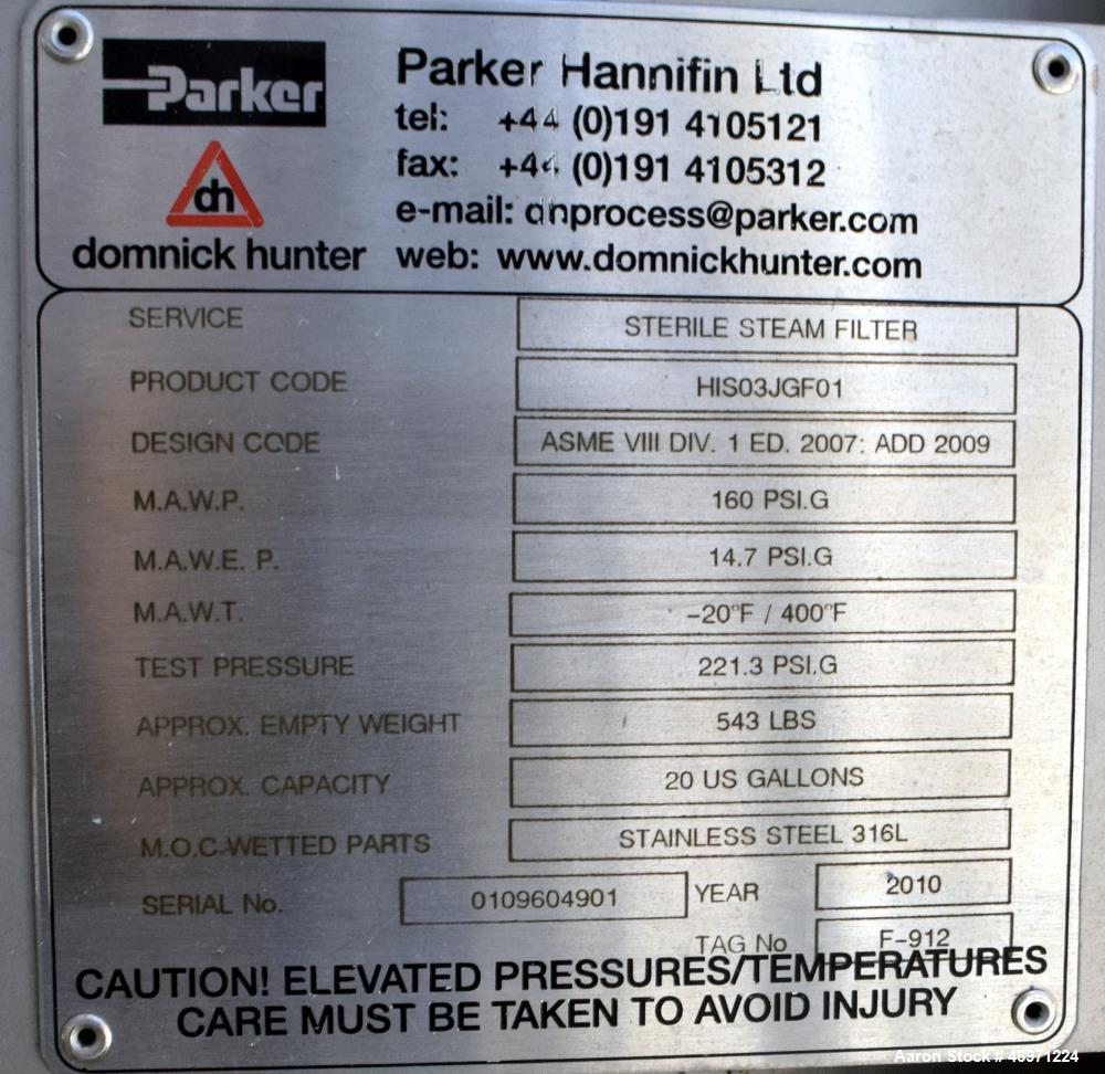 Used- Parker Hannifin Sterile Steam Filter, Model HIS03JGF01, 316L Stainless Steel. Approximate 20 gallon capacity, rated 16...