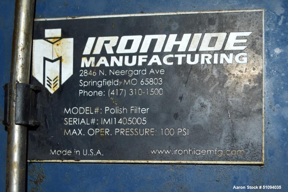 Used Ironhide Manufacturing Polish Filter, Carbon Steel. Approximate 20" diameter x 36" straight side, dished bolt on top, dished bottom. Internal rated 100 psi at -20 to 250 degrees F. Serial# IMI14...