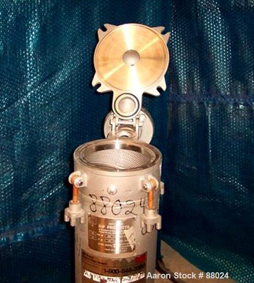 USED: RP Products liquid mesh basket filter, stainless steel. 8" diameter x 26" deep chamber rated 150 psi at 220 deg F. Single basket cartridge 7" diameter. Hinged top cover. Mounted on a base with ...