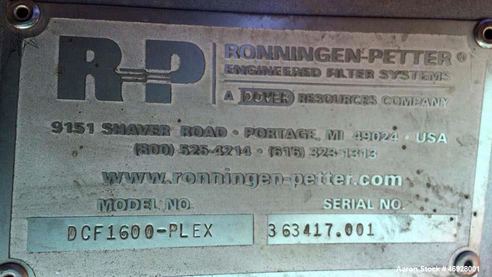 Used Ronningen-Petter DCF 1600 Twin Series 3X Pod Filters, Model DCF 1600 DCF Twin. Filtration Surface 610 x 3, area - in2 (cm2) (3935) x 3. Flow rate range at 60200 x 3. 100µ - gpm (m3/hr) (13.645.4...