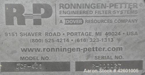 Used Ronningen-Petter Self Cleaning Mechanical Filter, model  DCF-400, 316 stainless steel. Flow rate 2-30 gallons per minute. Total capacity 0.94 gallon, purge capacity 4 fluid ounces, filtration su...