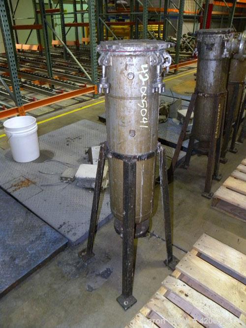 Used Ronningen-Petter Single Bag Filter, 304 stainless steel. 8" diameter x 31" deep filter housing, rated 150 psi at –20 to 220 deg F. Approximate 90 gallons per minute flow rate. Bolt-on top cover,...