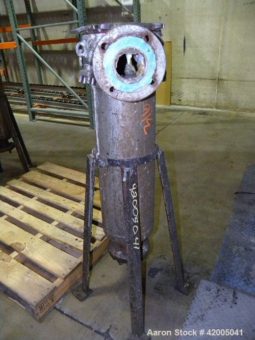 Used Ronningen-Petter Single Bag Filter, 304 stainless steel. 8" diameter x 31" deep filter housing, rated 150 psi at –20 to 220 deg F. Approximate 90 gallons per minute flow rate. Bolt-on top cover,...