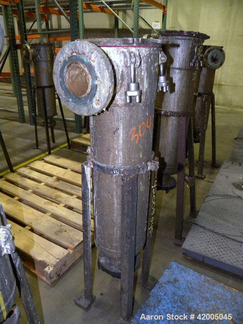 Used Ronningen-Petter Single Bag Filter, 304 stainless steel. 8" diameter x 31" deep filter housing, rated 150 psi at –20 to 220 deg F. Approximate 90 gallons per minute flow rate. Bolt-on top cover,...