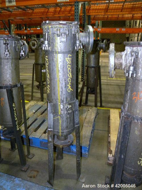 Used Ronningen-Petter Single Bag Filter, 316 stainless steel. 8" diameter x 31" deep filter housing, rated 150 psi at –20 to 220 deg F. Approximate 90 gallons per minute flow rate. Bolt-on top cover,...