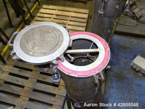 Used Ronningen-Petter Single Bag Filter, 316 stainless steel. 8" diameter x 31" deep filter housing, rated 150 psi at –20 to 220 deg F. Approximate 90 gallons per minute flow rate. Bolt-on top cover,...