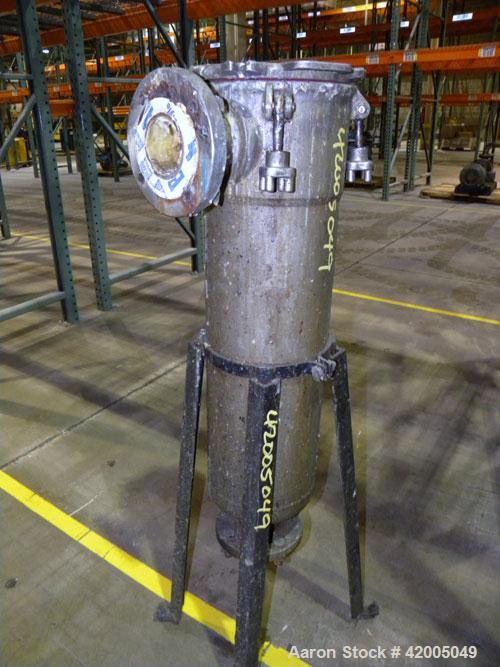 Used Ronningen-Petter Single Bag Filter, 316 stainless steel. 8" diameter x 31" deep filter housing, rated 150 psi at –20 to 220 deg F. Approximate 90 gallons per minute flow rate. Bolt-on top cover,...