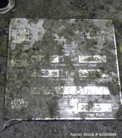 Used Ronningen-Petter Single Bag Filter, 316 stainless steel. 8" diameter x 31" deep filter housing, rated 150 psi at –20 to 220 deg F. Approximate 90 gallons per minute flow rate. Bolt-on top cover,...