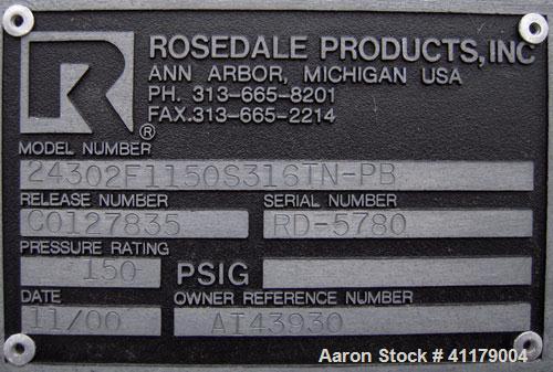 Used Rosedale Multi-Bag Filter, Model 24302F1150S316TN-PB, 316 Stainless Steel.  26.4 square feet filter area, 600 gallons per minute. Chamber 24" diameter x approximately 32" straight side, clamp do...