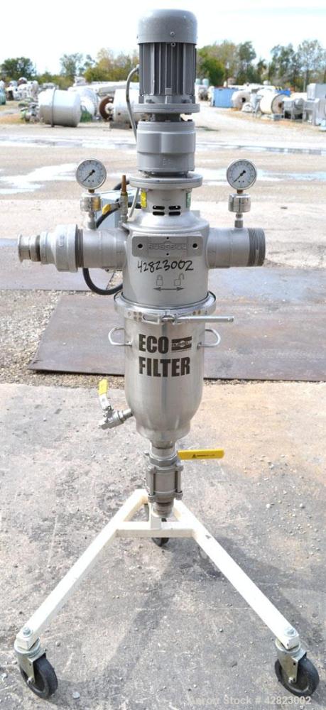 Used Russell Finex Eco Self-Cleaning Vertical Filter, Model EF26500, 316 Stainless Steel. Approximately  6" diameter x 14" long, approximately  4-1/2" diameter screen with a rotating wiper blade driv...