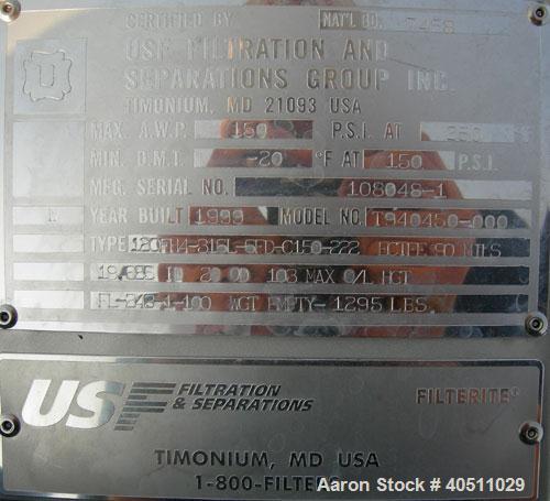 Used USF Filtration Separators Teflon Lined Filter, model T940450-000, type 120FH4-316L-6FD-C150-222ECTFE 90MILS, 316L stainless steel. Approximately 19.625'' x 52'' straight side. Flat bolt on top, ...