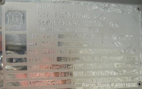 Used USF Filtration Separators Teflon Lined Filter, model T940451-000, type 180FH4-316L-6FD-C150-222ECTFE 90MILS, 316L stainless steel. Approximately 23.625'' x 54'' straight side. Flat bolt on top, ...