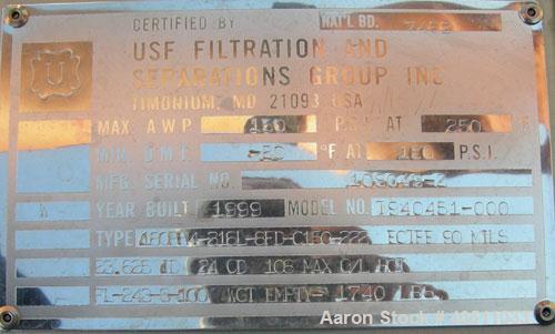 Used USF Filtration Separators Teflon Lined Filter, model T940451-000, type 180FH4-316L-6FD-C150-222ECTFE 90MILS, 316L stainless steel. Approximately 23.625'' x 54'' straight side. Flat bolt on top, ...