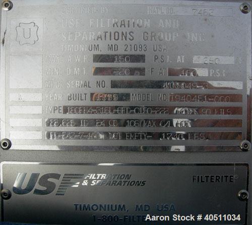 Used- USF Filtration Separators Teflon Lined Filter, model T940451-000, type 180FH4-316L-6FD-C150-222ECTFE 90MILS, 316L stai...