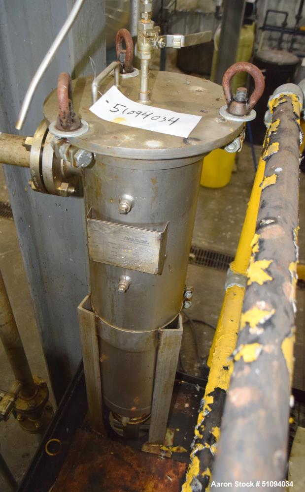 Used Shelco Bag Filter Housing, Model USB-2SB-304-2F-B, 304 Stainless Steel. Approximate 8" diameter x 34" straight side. Internal rated 150 psi at -20 to 300 degrees F. National Board# 20, serial# 1...