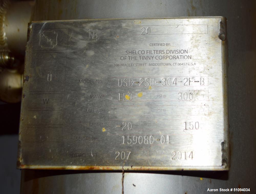 Used Shelco Bag Filter Housing, Model USB-2SB-304-2F-B, 304 Stainless Steel. Approximate 8" diameter x 34" straight side. Internal rated 150 psi at -20 to 300 degrees F. National Board# 20, serial# 1...