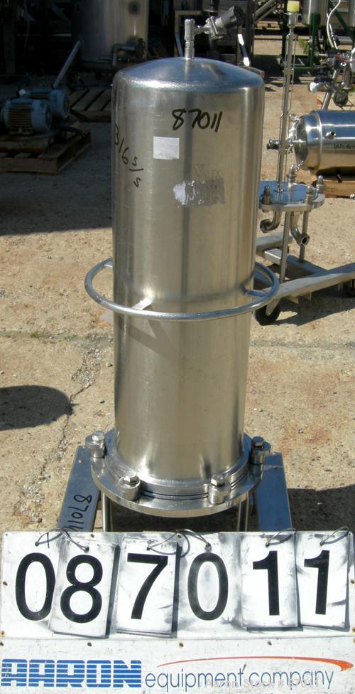 Used Valex Filter Housing, 316 Stainless Steel. 12-3/8" diameter x 35" straight side. Dish top, flat bolt-on bottom. 1-1/2" Inlet/outlet. Mounted on a stainless steel cart with casters.