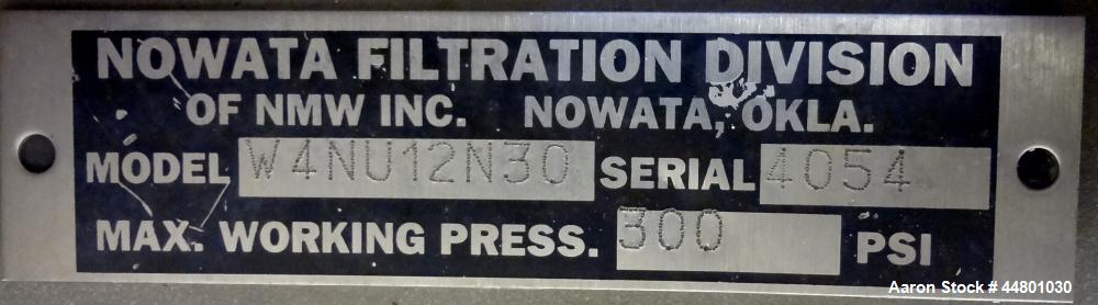 Used Nowata Filtration W4 Series Liquid Bag Filter Housing, Model W4UN12N30, 316 Stainless Steel. Flow rates to 50 gallons per minute, surface area 1 square foot, volume 130 cubic inches. Approximate...