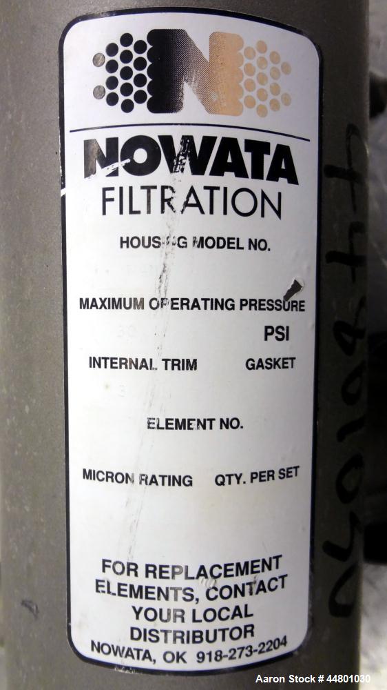 Used Nowata Filtration W4 Series Liquid Bag Filter Housing, Model W4UN12N30, 316 Stainless Steel. Flow rates to 50 gallons per minute, surface area 1 square foot, volume 130 cubic inches. Approximate...