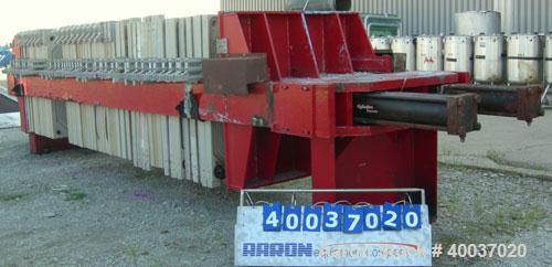 Used: Filter Press, 47" x 47". (51) 2 1/2" thick polypropylene plates, 1/2" recess. (1) head, (1) tail plate. 4 corner feed. Approximate 1325 square feet filter area, 48 cubic feet cake. Double hydra...