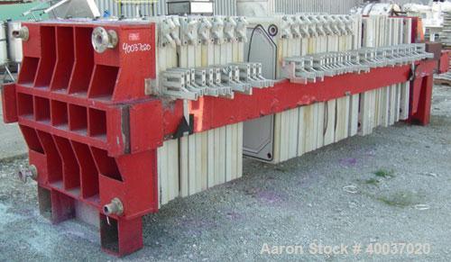 Used: Filter Press, 47" x 47". (51) 2 1/2" thick polypropylene plates, 1/2" recess. (1) head, (1) tail plate. 4 corner feed. Approximate 1325 square feet filter area, 48 cubic feet cake. Double hydra...