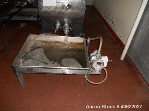 Used Schenk Stainless Steel Sanitary Filter Press. Approximately 60 stainless steel plates. 24" x 24". Hydraulic closure. Drip pan with Wilden Plastic diaphragm pump. Sanitary fittings. Mounted on wh...