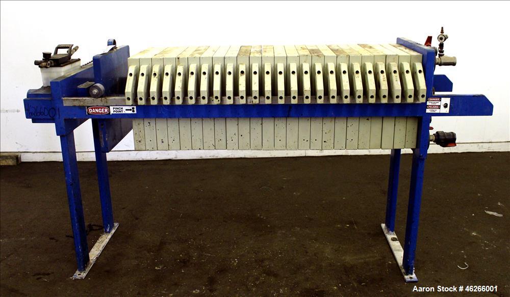 Used K.F. Industrial Service Filter Press, Carbon Steel. Approximate 40.8 square feet surface area, approximate 3.4 cubic feet cake capacity. (22) 16" x 16" Polypropylene plates, (1) head, (1) tail. ...