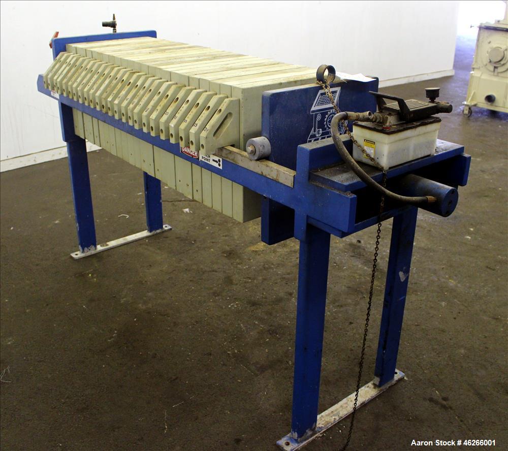 Used K.F. Industrial Service Filter Press, Carbon Steel. Approximate 40.8 square feet surface area, approximate 3.4 cubic feet cake capacity. (22) 16" x 16" Polypropylene plates, (1) head, (1) tail. ...