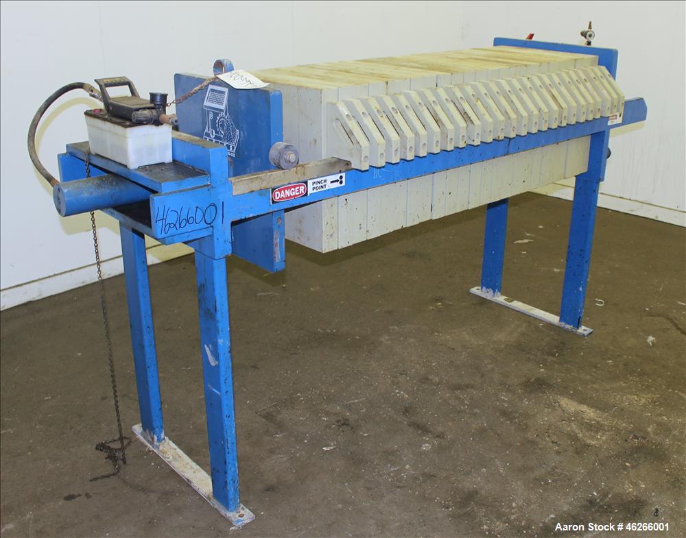 Used K.F. Industrial Service Filter Press, Carbon Steel. Approximate 40.8 square feet surface area, approximate 3.4 cubic feet cake capacity. (22) 16" x 16" Polypropylene plates, (1) head, (1) tail. ...