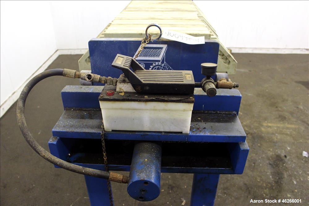 Used K.F. Industrial Service Filter Press, Carbon Steel. Approximate 40.8 square feet surface area, approximate 3.4 cubic feet cake capacity. (22) 16" x 16" Polypropylene plates, (1) head, (1) tail. ...
