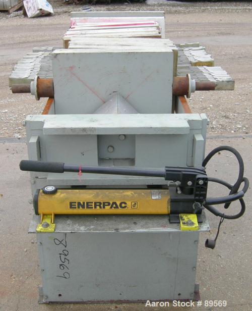USED: Plate and frame filter press. 15 polypropylene plates 18" x 18" and 13 frames 18" x 18", 1" thick. Approximate 40 square feet capacity, approximate 1.47 cubic feet capacity. Corner feed, corner...