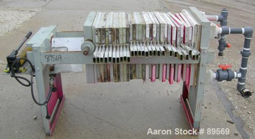 USED: Plate and frame filter press. 15 polypropylene plates 18" x 18" and 13 frames 18" x 18", 1" thick. Approximate 40 square feet capacity, approximate 1.47 cubic feet capacity. Corner feed, corner...