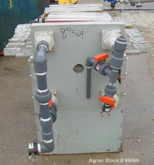 USED: Plate and frame filter press. 15 polypropylene plates 18" x 18" and 13 frames 18" x 18", 1" thick. Approximate 40 square feet capacity, approximate 1.47 cubic feet capacity. Corner feed, corner...