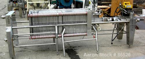 USED: APV Carlson polishing press, 304 stainless steel, 22 stainless steel plates 22 x 22. Approximately 370 square feet of filter area. 2" corner feed/discharge, Enerpac hydraulic closing device. Mo...
