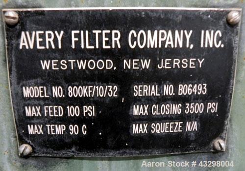 Used Avery Filter Company Filter Press, Model 800KF/10/32. (15) 800mmx 800mm x approximate 1/2” recess polypropylene filter plates. Approximately 80 square feet filter area, 3.4 cubic feet cake capac...